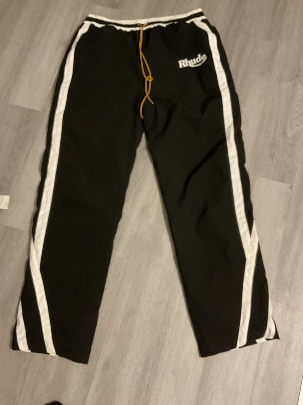 Rhude Black Joggers with White Side Stripes and Yellow Drawcord
